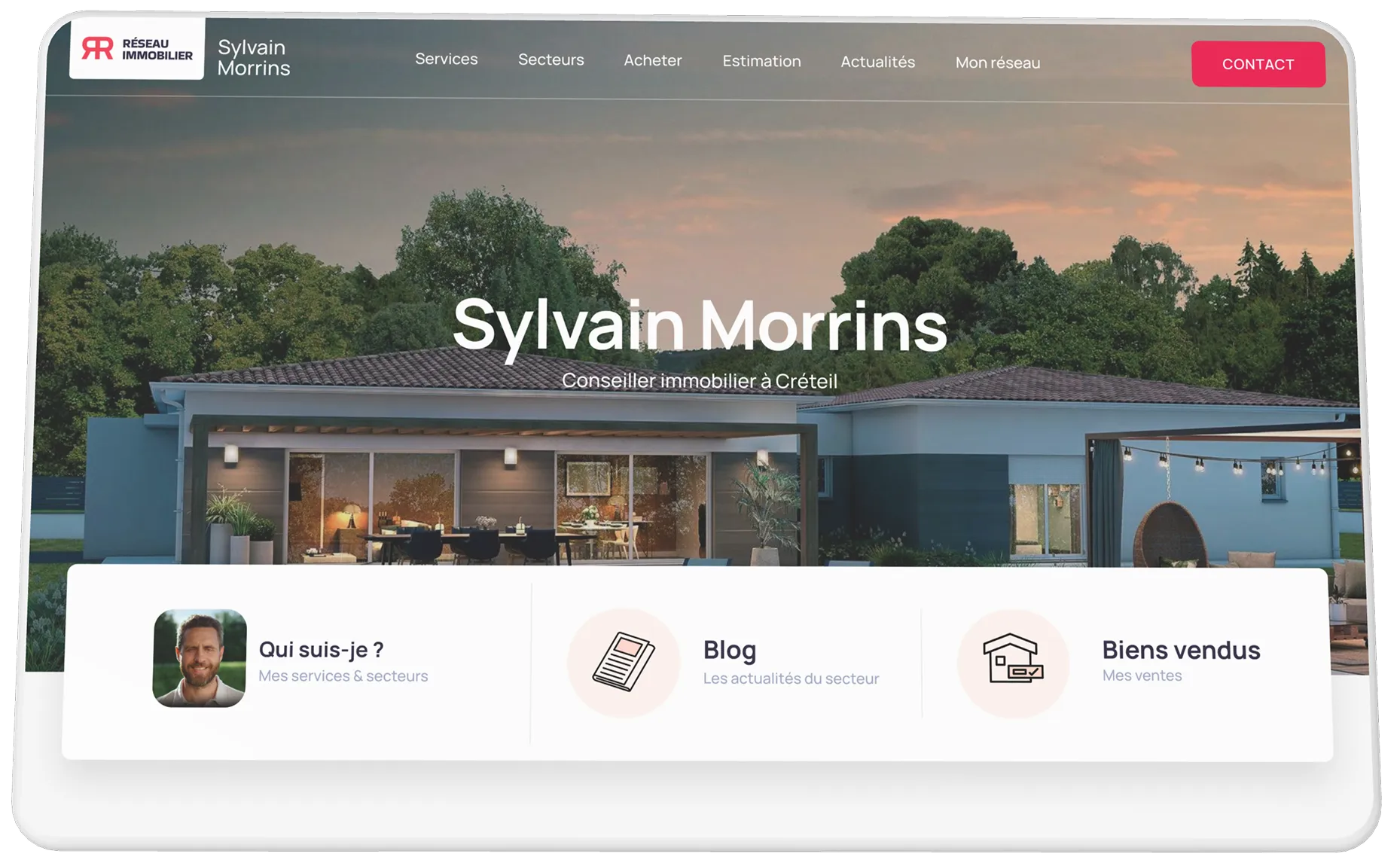 Page d'accueil du site immobilier de Sylvain Morrins avec une maison moderne en arrière-plan et des sections 'Qui suis-je ?', Blog, et Biens vendus.