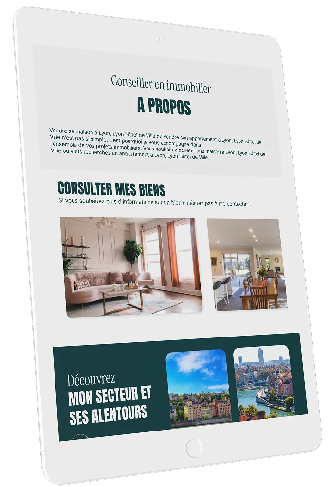 Tablette affichant une page de conseiller en immobilier à Lyon avec des sections 'À propos', 'Consulter mes biens' avec photos d'intérieurs de maison, et 'Découvrez mon secteur et ses alentours' avec photos panoramiques de Lyon.