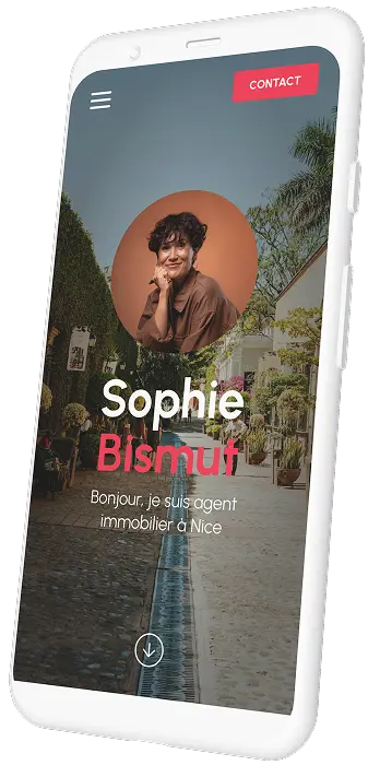 Smartphone screen showing a real estate agent profile with a portrait of Sophie Bismut and a street view background saying she is an agent in Nice.