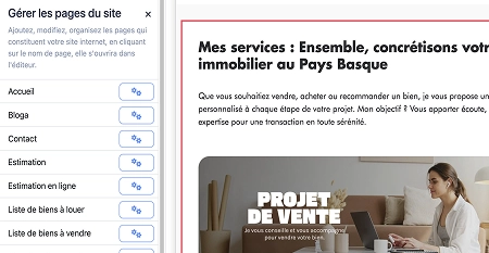 Interface de gestion des pages du site à gauche et page web d'un service immobilier au Pays Basque à droite avec une femme travaillant sur un ordinateur portable.