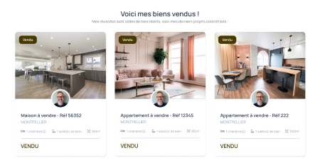 Trois annonces immobilières vendues à Montpellier montrant une cuisine moderne, un salon avec canapé et une salle à manger avec table en bois.