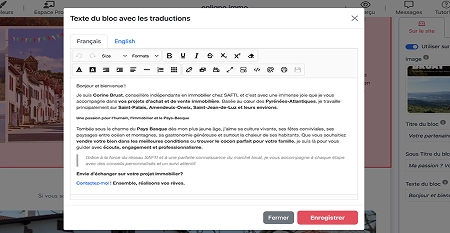 Fenêtre d'édition de texte montrant un blog avec des traductions en français et en anglais, texte sur une commission indépendante en immobilier.
