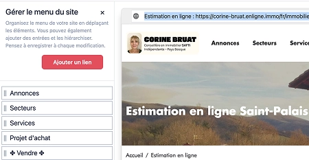 Interface de gestion du menu du site Web avec options Annonces, Secteurs, Services, Projet d'achat et Vendre, et aperçu de la page Estimation en ligne Saint-Palais.