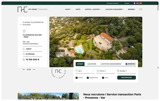 Page d'accueil du site My Home Connexion affichant une propriété à Villefranche-sur-Mer avec image aérienne d'une maison, piscine et jardin, et options de recherche immobilière.