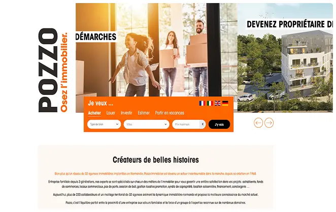 Page d'accueil du site Pozzo Immobilier avec enfants et adultes heureux portant des cartons, options de recherche immobilière en orange, et texte décrivant l'entreprise familiale en Normandie.