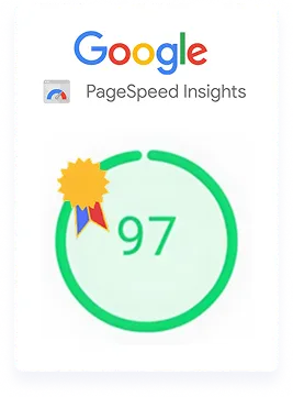 Google PageSpeed Insights score of 97 inside a green circular progress bar with a sun and ribbon icon.