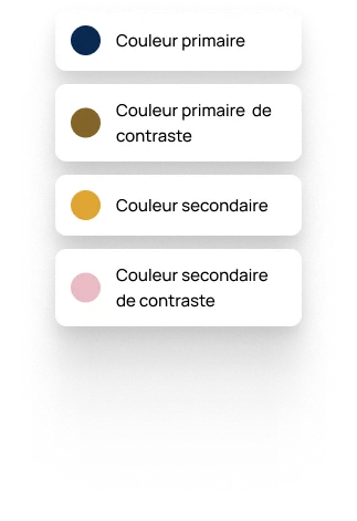 Palette de couleurs affichant quatre échantillons : bleu foncé pour couleur primaire, marron pour couleur primaire de contraste, jaune pour couleur secondaire, et rose clair pour couleur secondaire de contraste.