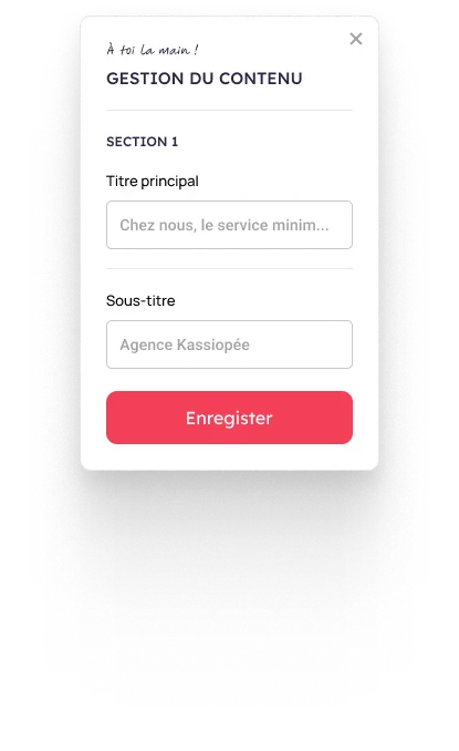 Fenêtre modale de gestion du contenu avec champs pour titre principal et sous-titre, et bouton rouge Enregistrer.