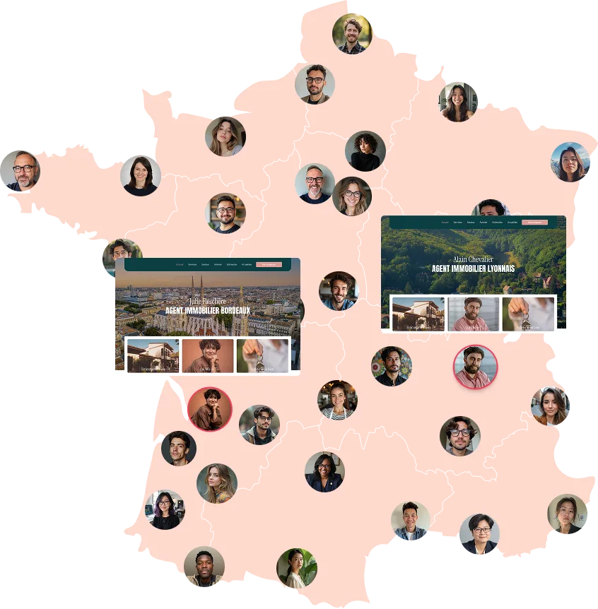 Carte de France rose avec des photos circulaires de divers agents immobiliers répartis sur le territoire, avec deux encadrés montrant les profils d'agents à Bordeaux et Lyon.