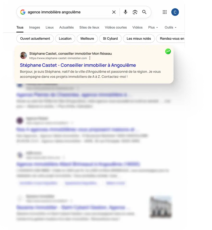 Capture d'écran d'une recherche Google pour "agence immobilière angoulême" avec en premier résultat Stéphane Castet, conseiller immobilier à Angoulême, avec description de ses services.