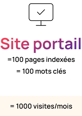 Texte coloré dégradé disant 'Site portail' sur fond noir avec une annotation en dessous indiquant '= 1000 visites/mois'.