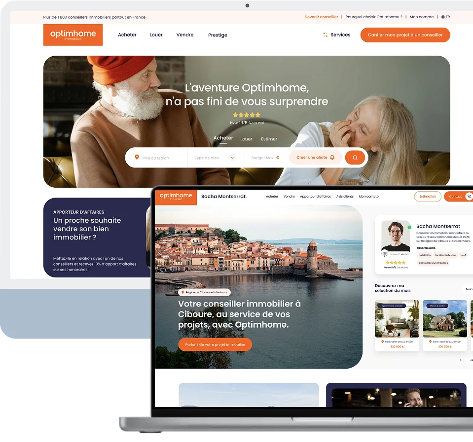 Capture d'écran du site Optimhome montrant un homme et une femme souriant, avec un outil de recherche immobilière et une présentation d'un conseiller immobilier à Ciboure.