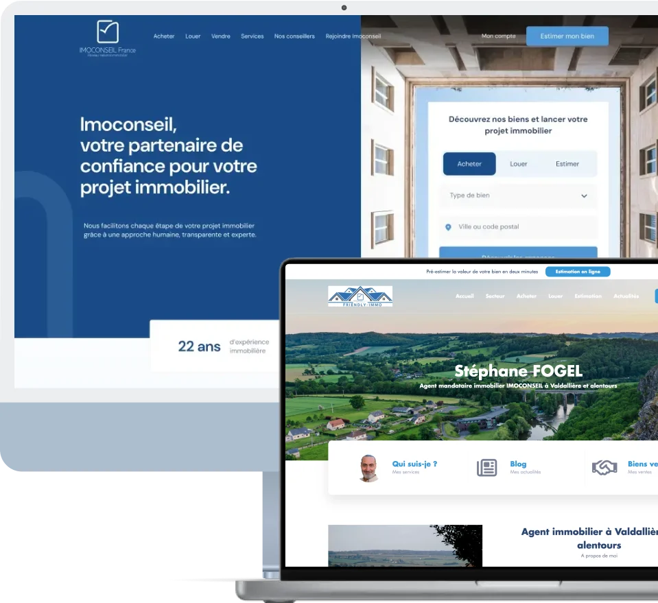 Capture d'écran de deux sites web immobiliers montrant Imoconseil comme partenaire de confiance avec 22 ans d'expérience et une page personnelle de Stéphane Fogel, agent immobilier à Valdallière.