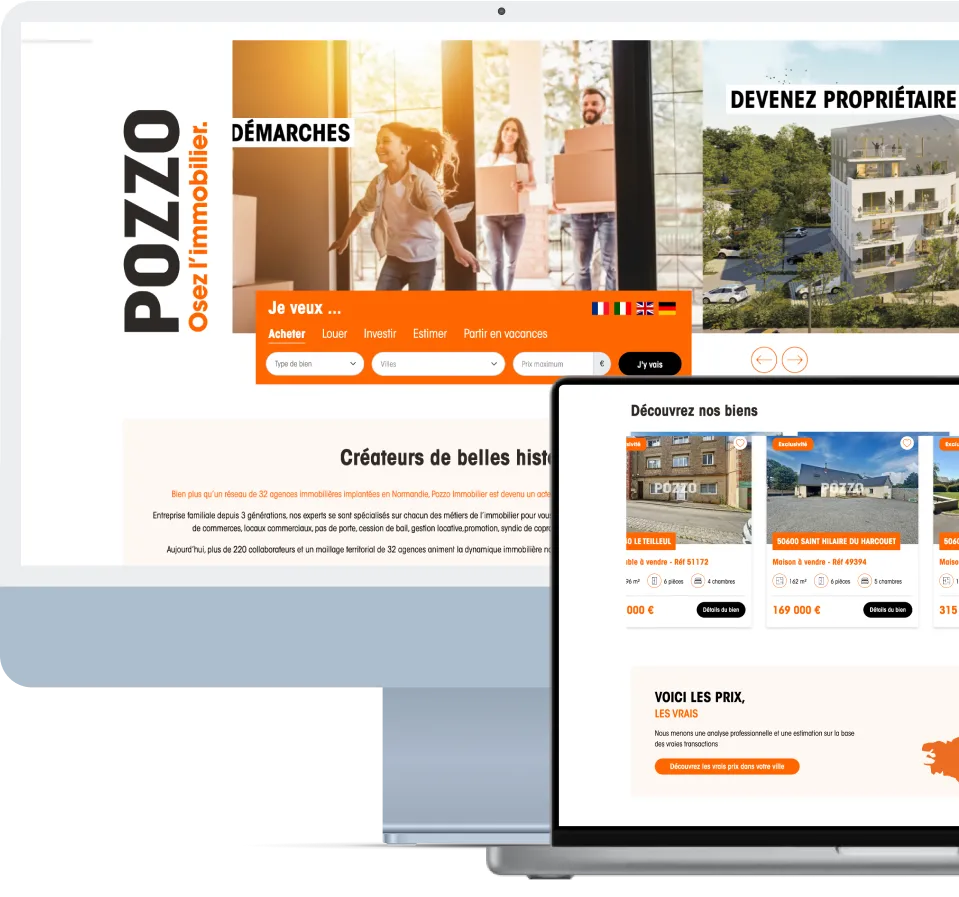 Capture d'écran d'un site immobilier Pozzo montrant une famille emménageant, options d'achat et location, et annonces de biens en vente.