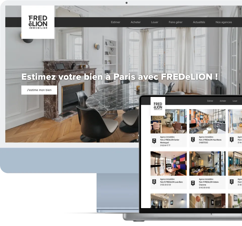 Site web immobilier FRED eLION affiché sur écran d'ordinateur, avec photo d'une salle de réunion élégante et liste des agences immobilières à Paris.