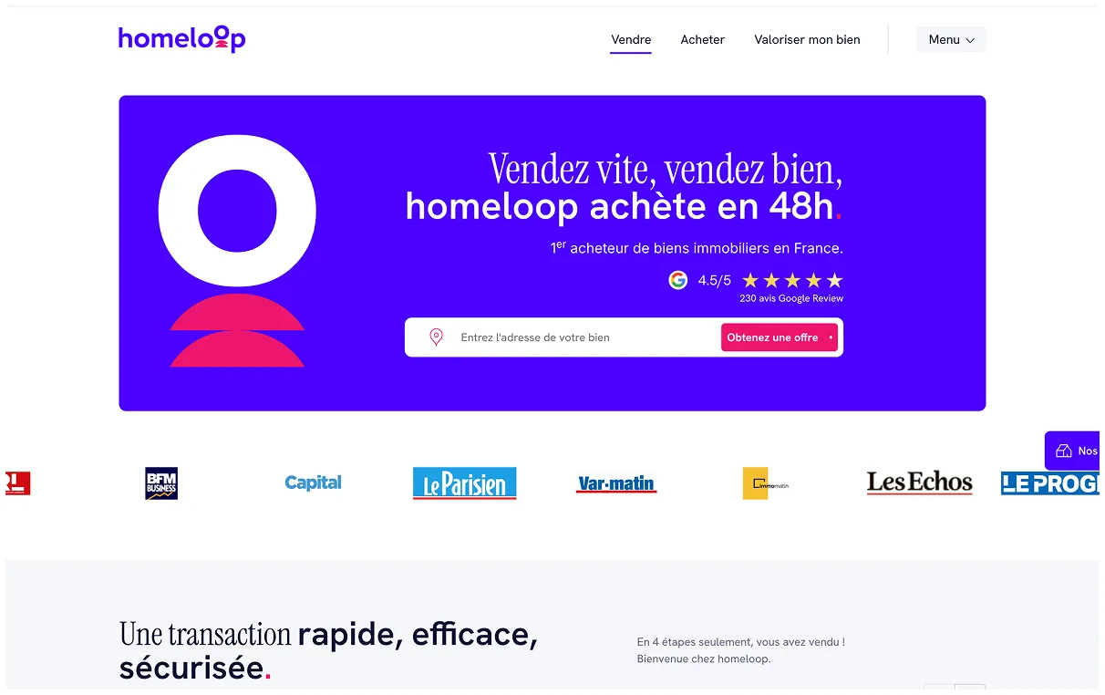 Page d'accueil Homeloop avec slogan vendant la vente rapide de biens immobiliers en 48h, note Google de 4,5 étoiles, et champ de saisie pour adresse immobilière.