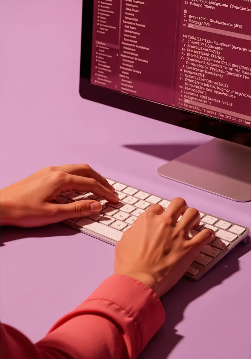 Des mains tapant sur un clavier d’ordinateur blanc avec un écran affichant du code informatique sur un fond violet.