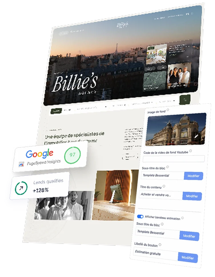 Modèle site immobilier vitrine personnalisable, créé par Billie.immo