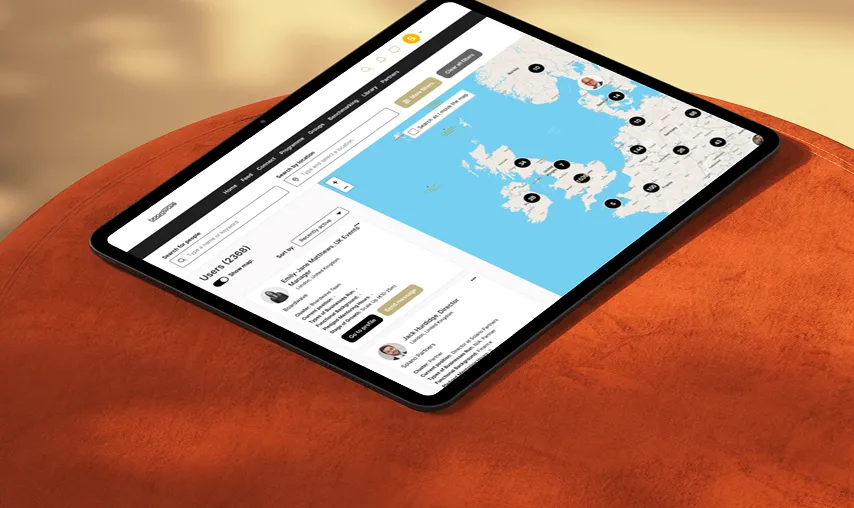 Boardwave member platform displayed on a tablet, showing an interactive map of Europe with software leaders and member profiles.