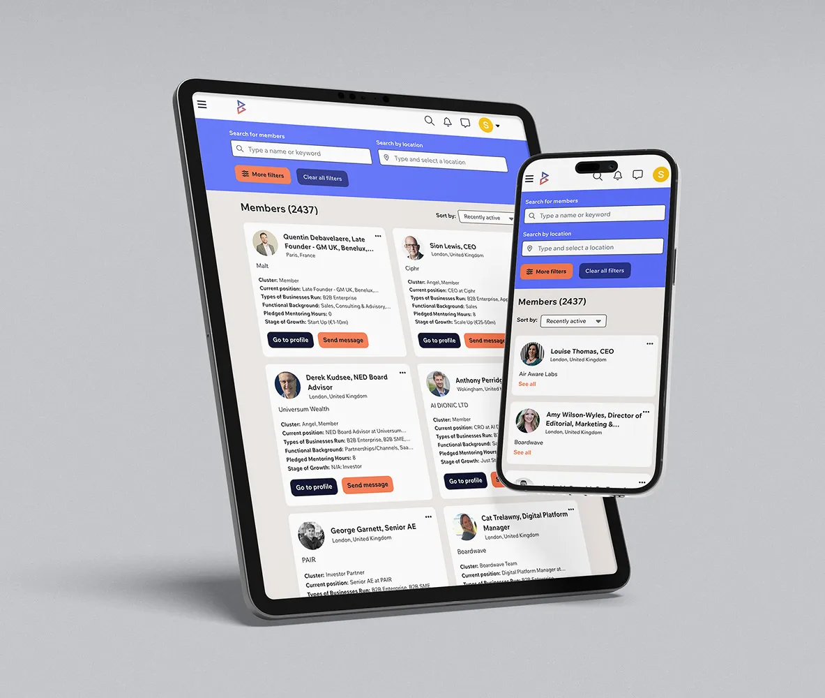 Boardwave member platform interface displayed on a tablet and smartphone, showing the European software leadership community directory with search and networking features.