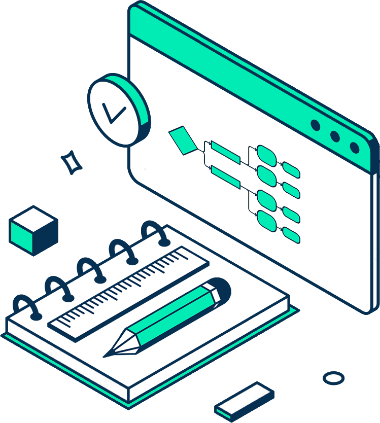 Isometric illustration of a notebook with a ruler and pencil beside a window displaying a flowchart and a clock showing a checkmark.