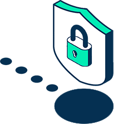 Shield with a padlock symbol representing security or protection, with dotted trail leading to a dark oval shadow.