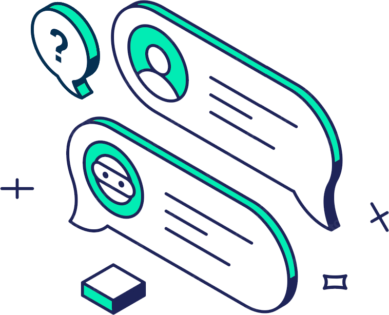 Illustration of two chat bubbles representing a conversation between a user and a chatbot, with a question mark icon nearby.