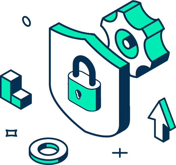 3D illustration of a shield with a padlock symbol, surrounded by gears, blocks, and an upward arrow representing security and protection.