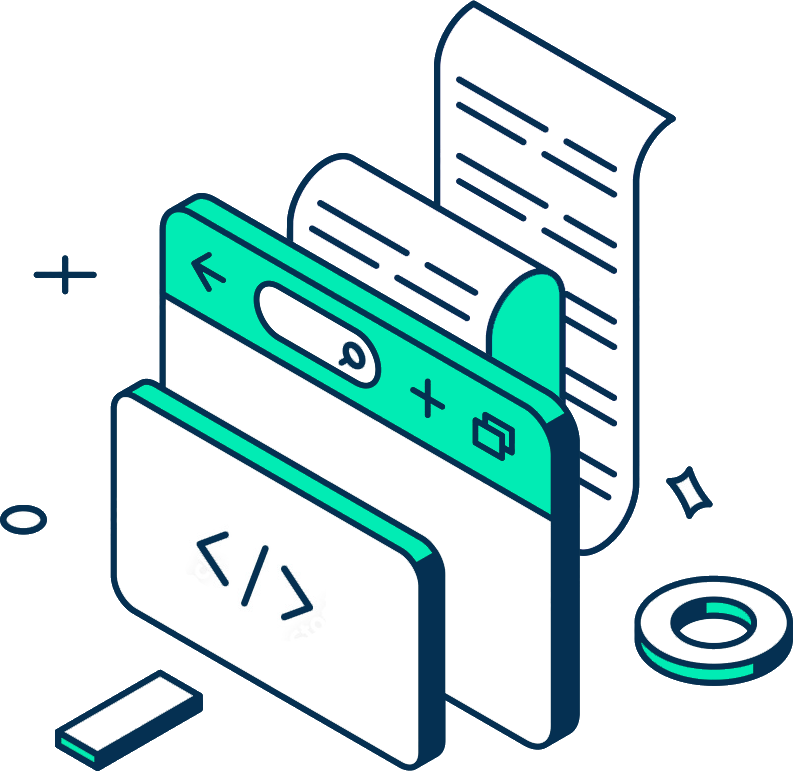 Isometric illustration of a web browser window with code editor panel and scrolling document with text lines.