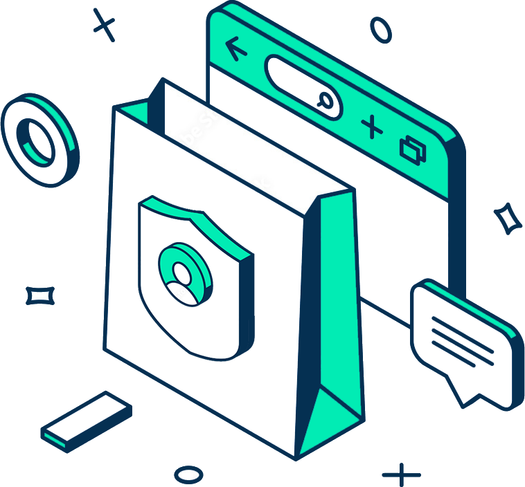 Isometric illustration of a shopping bag with a user profile shield icon, a browser window with search bar, and a chat bubble.