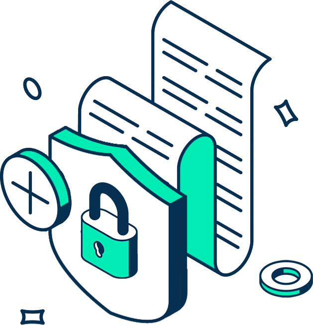 Illustration of a shield with a padlock symbol in front of documents, representing document security or privacy protection.