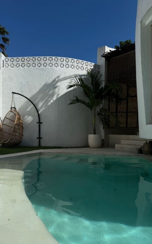 Backyard pool with clear water, white walls, hanging wicker chair, and potted palm plant under blue sky.