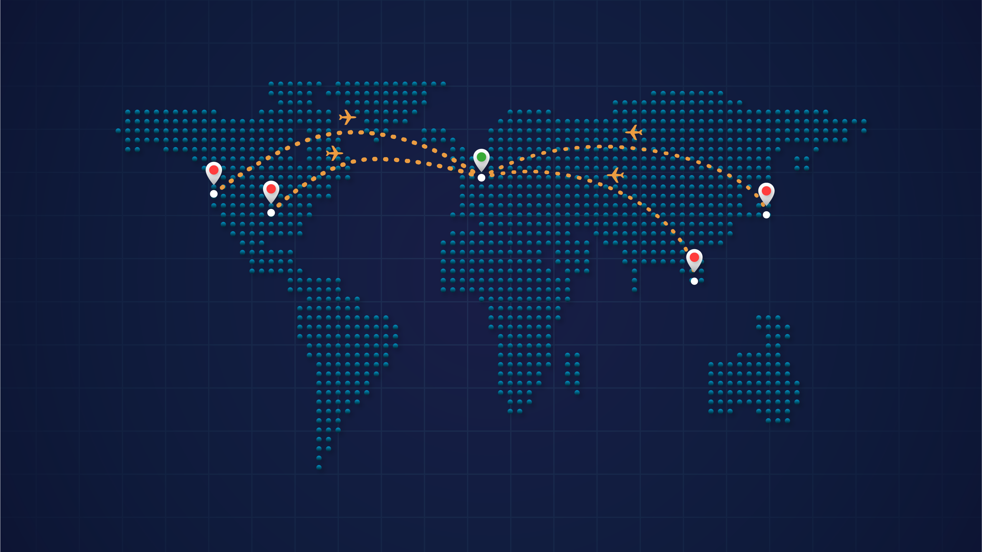 Digital dotted world map with red and green location markers connected by dashed orange flight paths with airplane icons.