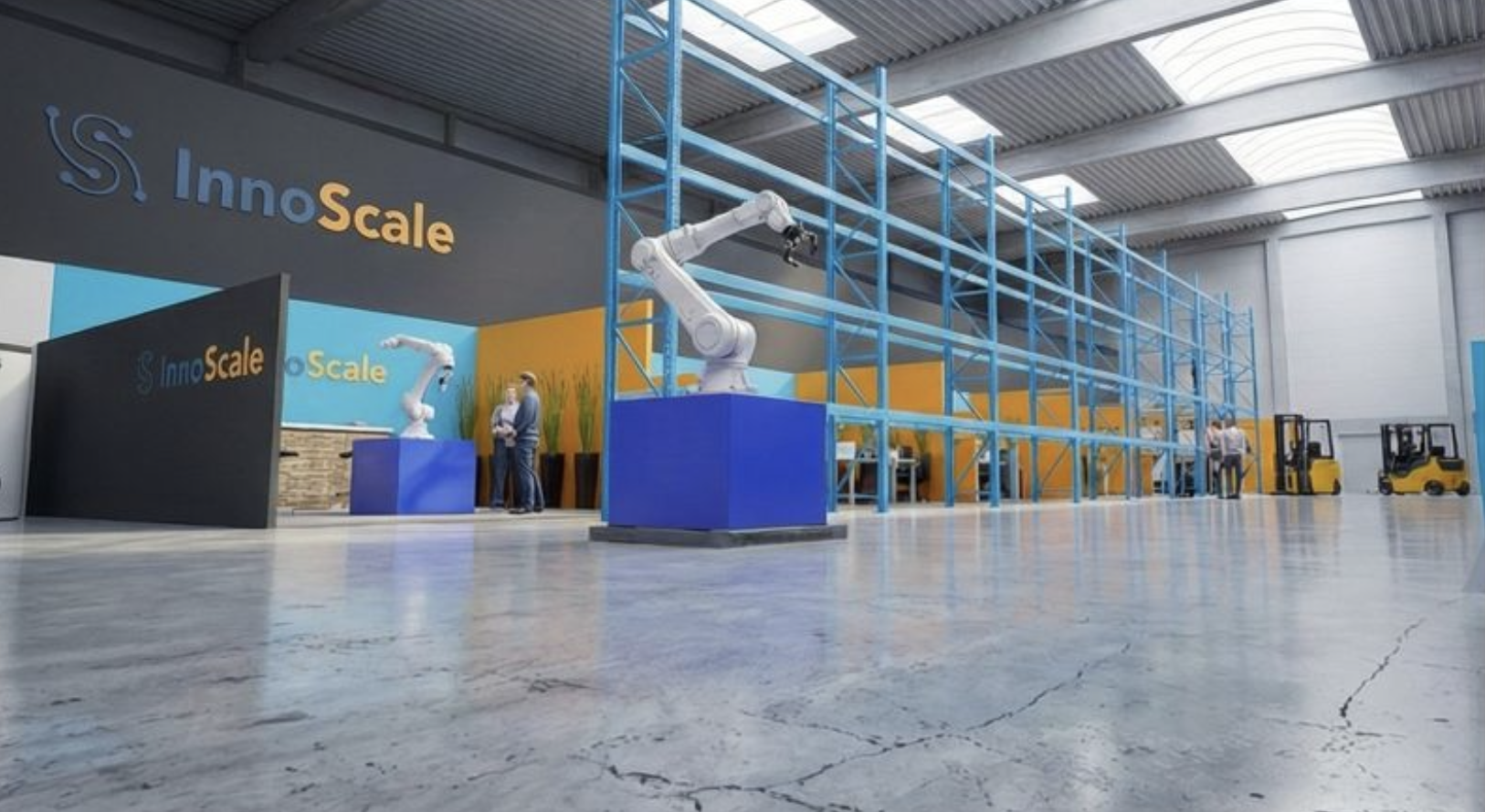 Warehouse interior with orange and blue partitions containing autonomous forklifts and robots, with tall shelves stocked with boxes in the background.