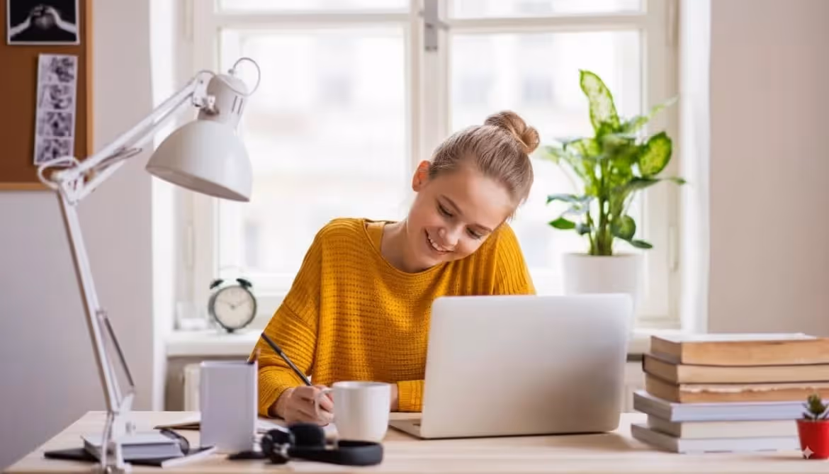 Junge Frau in einem gelben Pullover lächelt und schreibt an einem Schreibtisch mit Laptop, Büchern und einer Pflanze vor einem Fenster.