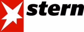 stern logo with white star on red background and black text.