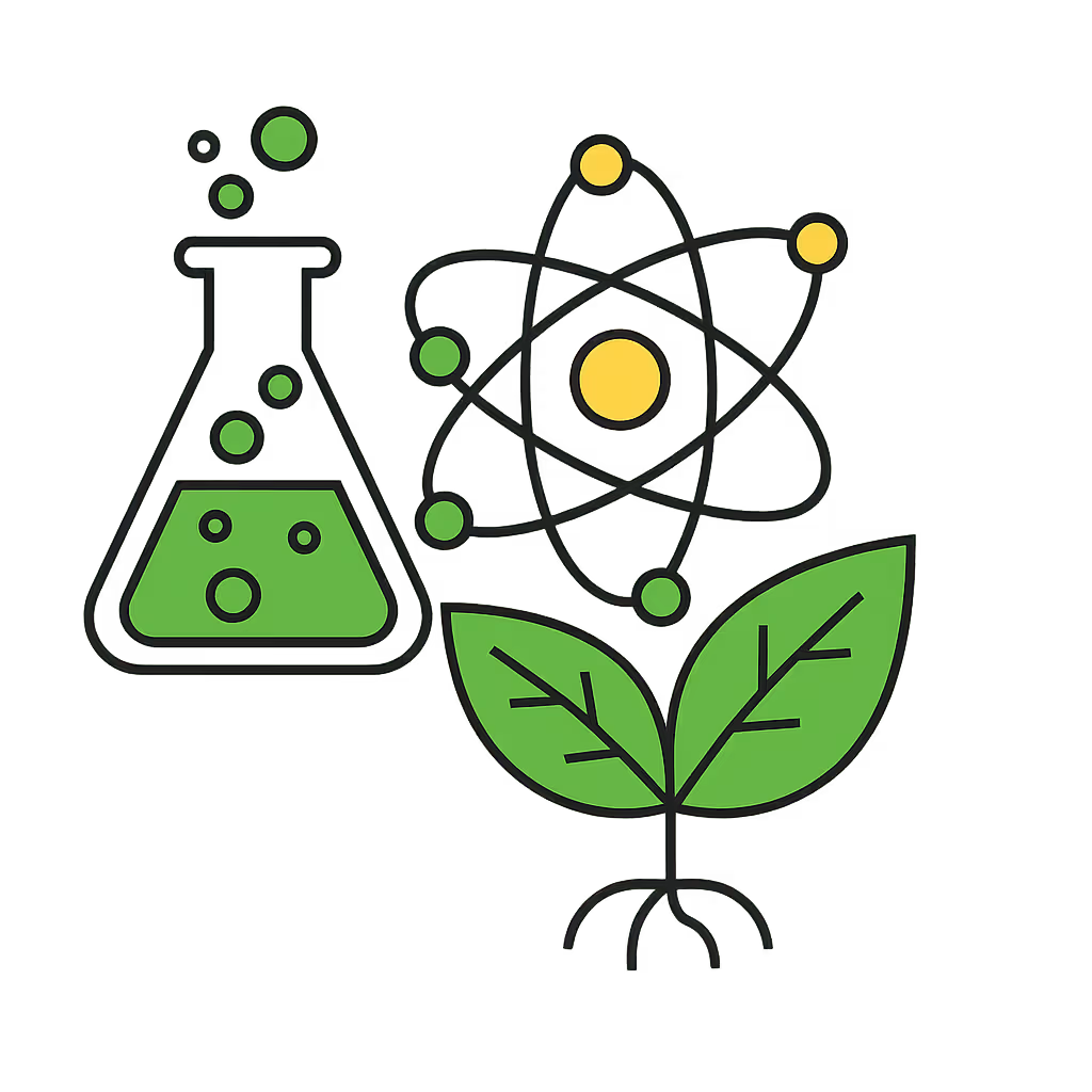 Grüne chemische Reagenzglasblase mit Blasen, gelbes Atommodell und grünes zweiblättriges Pflanzensymbol vor grünem Hintergrund.