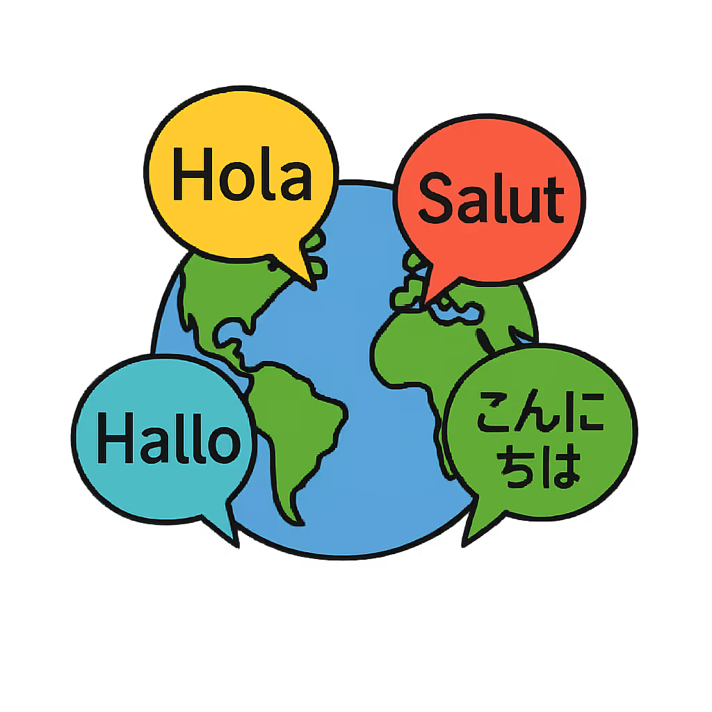 Weltkugel mit vier Sprechblasen, die ‚Hola‘, ‚Salut‘, ‚Hallo‘ und das japanische Wort für Hallo zeigen.