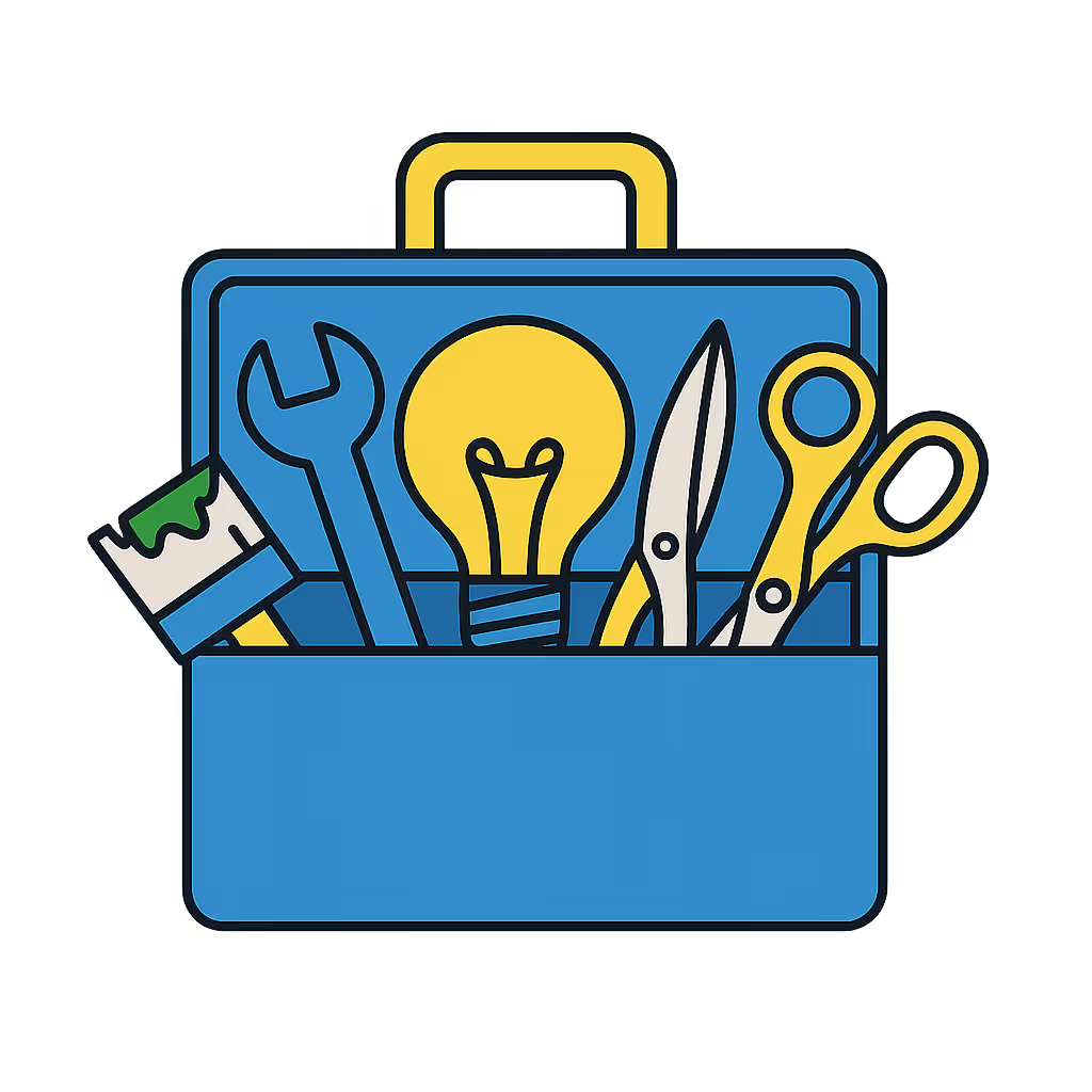 Blauer Werkzeugkasten mit einem Schraubenschlüssel, einer Glühbirne, einer Schere, einer Klinge und einer weiteren gelben Schere.