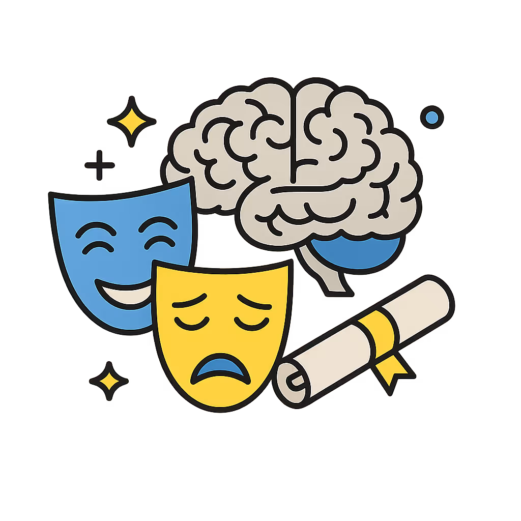 Stilisierte Symbole von einem lachenden und einem traurigen Theatermaskenpaar, einem Gehirn und einer mit einem gelben Band gebundenen Urkunde vor dunklem Hintergrund.