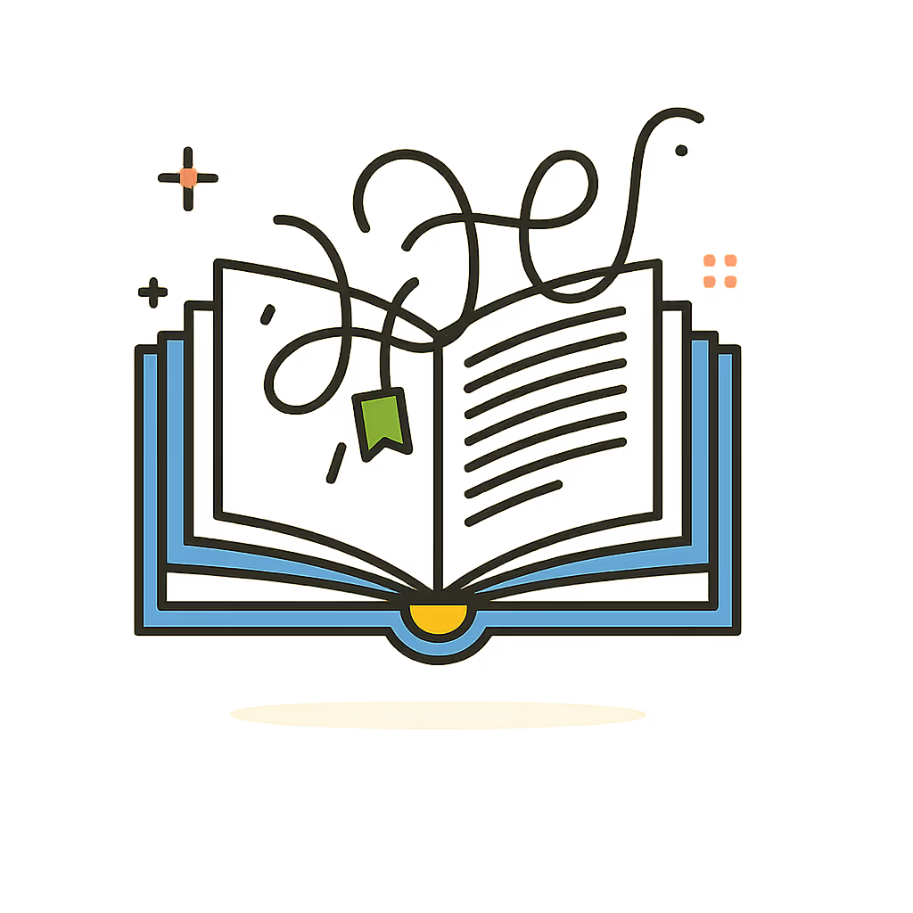 Geöffnete Buchillustration mit grüner Lesezeichenmarkierung und geschwungenen Linien auf gelbem Hintergrund.