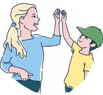 Frau und Kind geben sich einen High-Five, das Kind trägt eine grüne Kappe und ein gelbes T-Shirt.