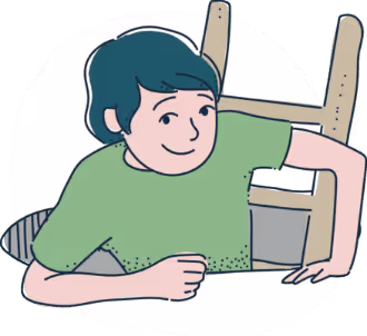 Illustration eines sitzenden jungen Mannes mit grünem T-Shirt, der nach rechts schaut und sich an einem Stuhl festhält.