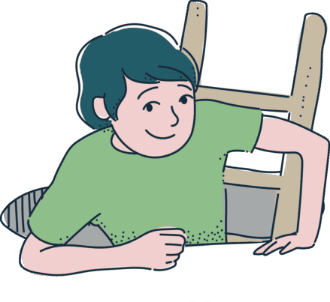 Illustration eines sitzenden jungen Mannes mit grünem T-Shirt, der nach rechts schaut und sich an einem Stuhl festhält.