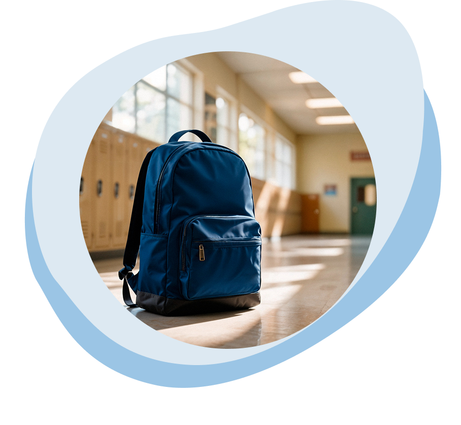 Blauer Rucksack steht auf dem Boden eines hell erleuchteten Schulflurs mit Schließfächern und Fenstern im Hintergrund.