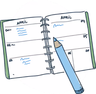 Geöffneter Wochenplaner für April mit handgezeichnetem Stift, der einige Tage markiert.