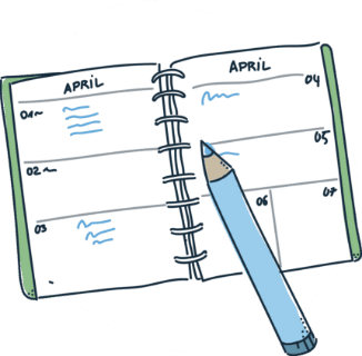 Geöffneter Wochenplaner für April mit handgezeichnetem Stift, der einige Tage markiert.