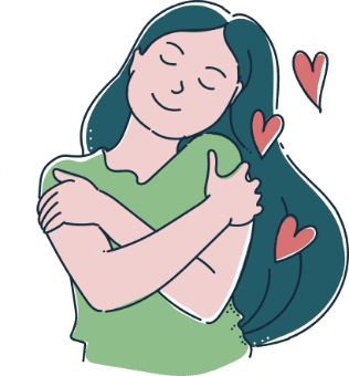Illustration einer Frau mit langen Haaren, die sich selbst umarmt, umgeben von drei roten Herzen.