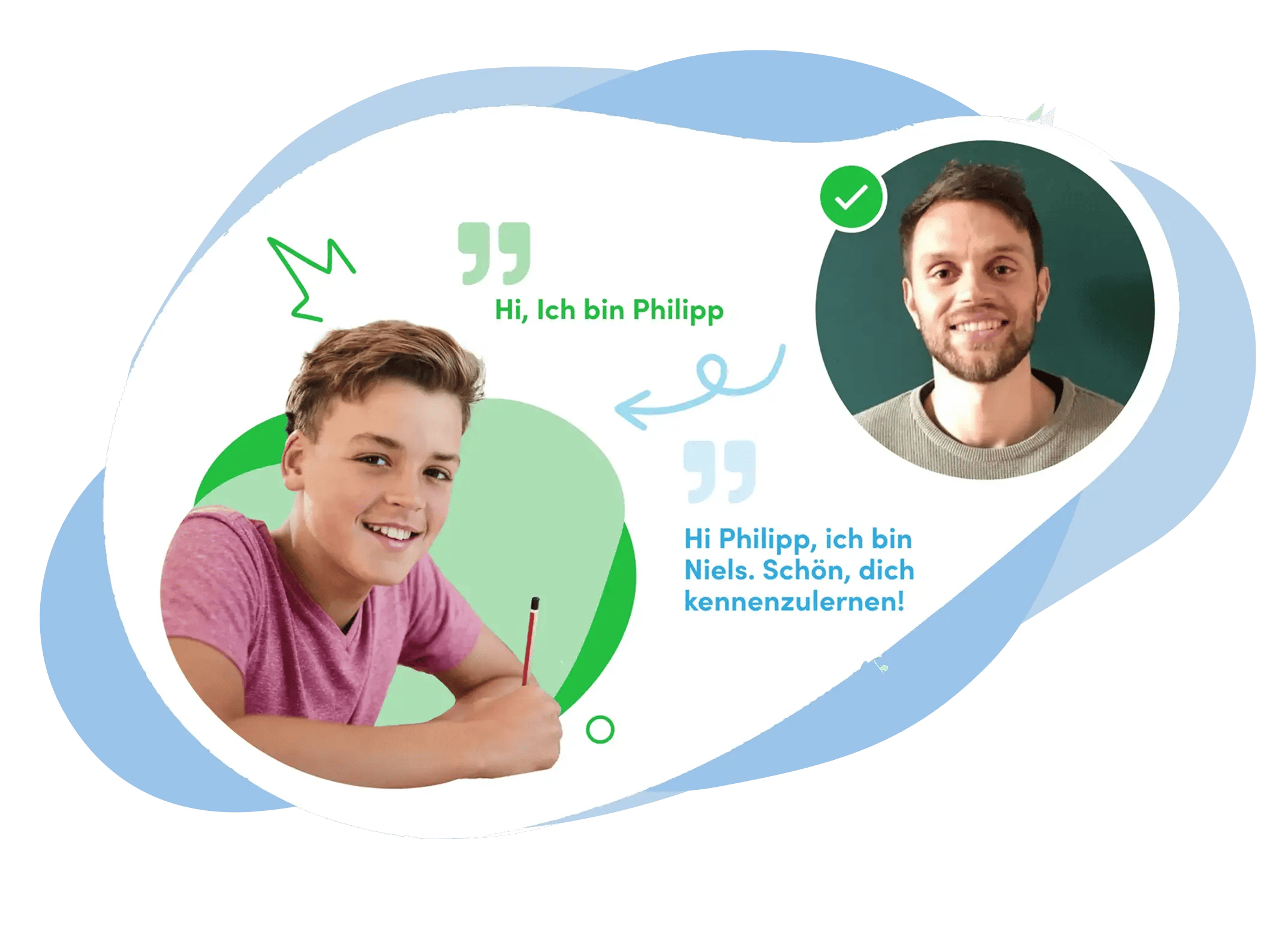 Porträt eines lächelnden Schülers in einem rosa T-Shirt mit einem Bleistift sowie ein Foto eines lächelnden Mentors mit kurzen Haaren und Vollbart vor einem grünen Hintergrund.