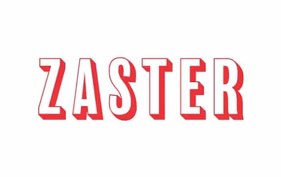 Das Wort 'ZASTER' in großen, rot-weißen 3D-Buchstaben auf weißem Hintergrund.